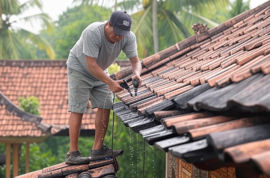 tukang sedang membetulkan genteng di denpasar